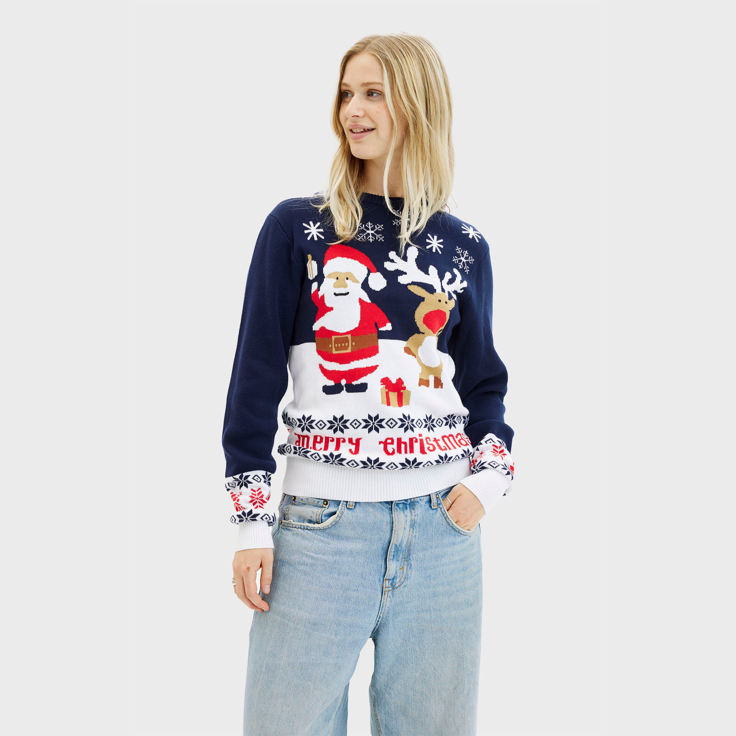 Blauer Weihnachtspullover Damen mit Santa, Rentier, Schneeflocken und Schriftzug Merry Christmas.